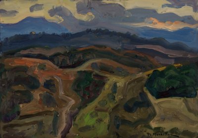 Velina Sunset Mountains — Oil painting, Fiberboard, 36.00×51.00cm — Theodoros Markellos